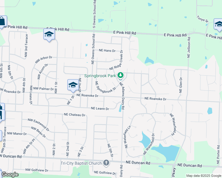 map of restaurants, bars, coffee shops, grocery stores, and more near 519 Northeast Roanoke Drive in Blue Springs
