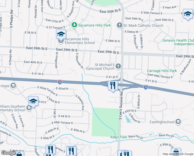 map of restaurants, bars, coffee shops, grocery stores, and more near 15932 East 41st Street South in Independence