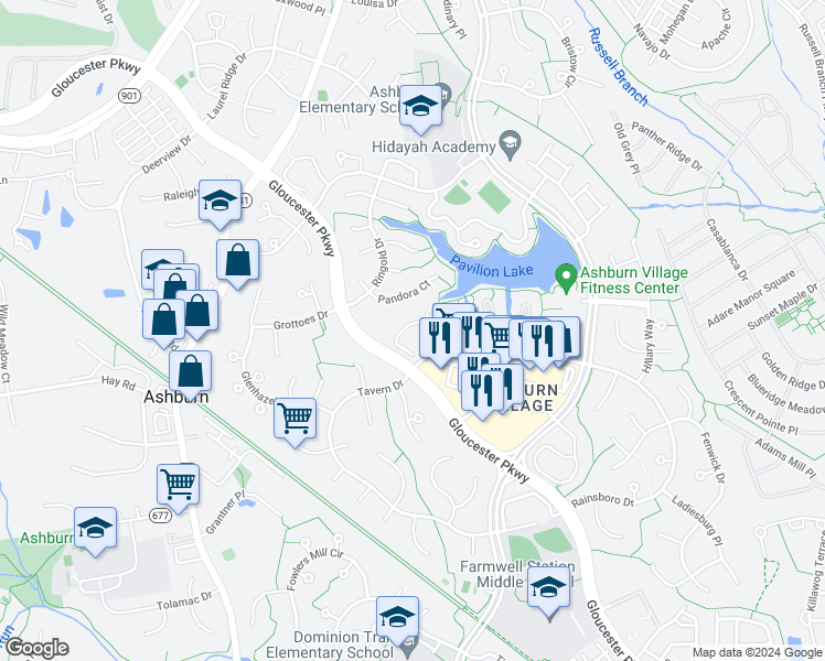 map of restaurants, bars, coffee shops, grocery stores, and more near 44001 Choptank Terrace in Ashburn
