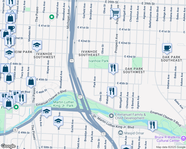 map of restaurants, bars, coffee shops, grocery stores, and more near 4401 Brooklyn Avenue in Kansas City
