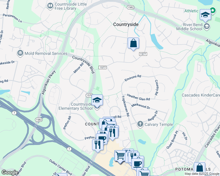 map of restaurants, bars, coffee shops, grocery stores, and more near 20 Halifax Court in Sterling