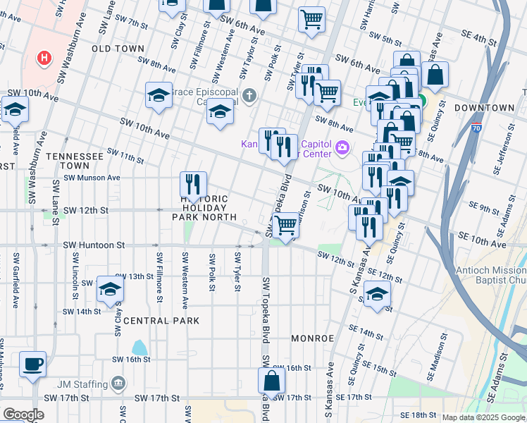 map of restaurants, bars, coffee shops, grocery stores, and more near in Topeka