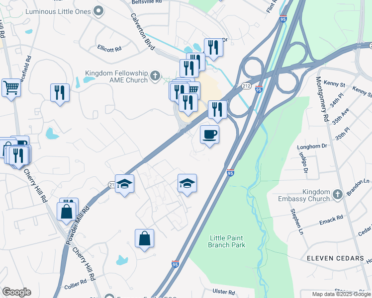 map of restaurants, bars, coffee shops, grocery stores, and more near 4001 Powder Mill Road in Beltsville