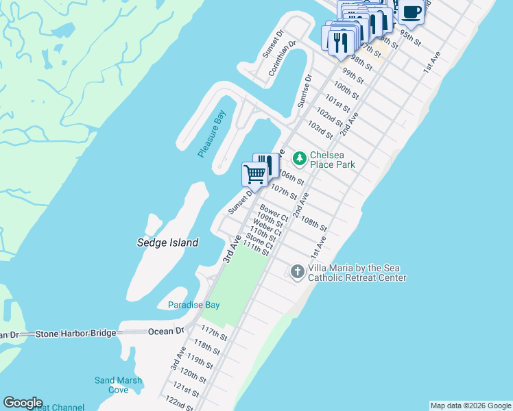 map of restaurants, bars, coffee shops, grocery stores, and more near 10729 3rd Avenue in Stone Harbor