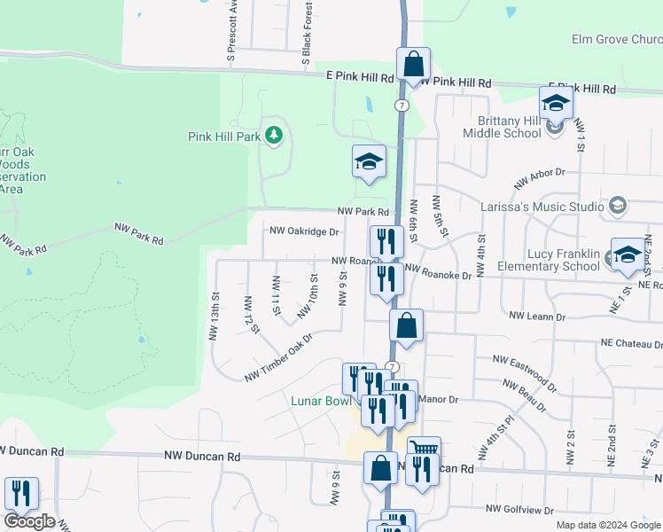 map of restaurants, bars, coffee shops, grocery stores, and more near 904 Northwest Roanoke Drive in Blue Springs