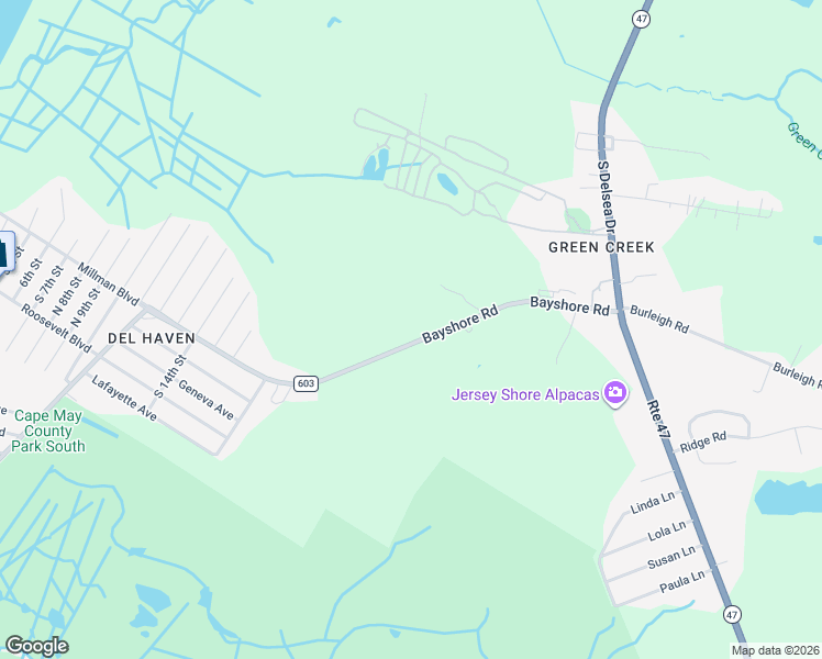 map of restaurants, bars, coffee shops, grocery stores, and more near 46 Bay Shore Road in Cape May
