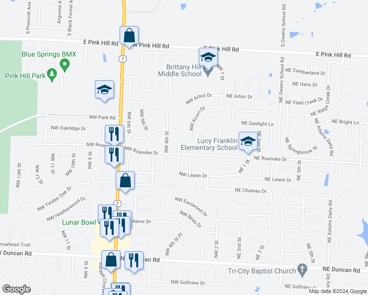 map of restaurants, bars, coffee shops, grocery stores, and more near 335 Northwest Palmer Drive in Blue Springs
