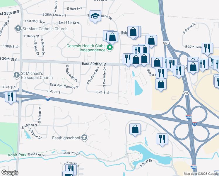 map of restaurants, bars, coffee shops, grocery stores, and more near 4005 South Maybrook Avenue in Independence