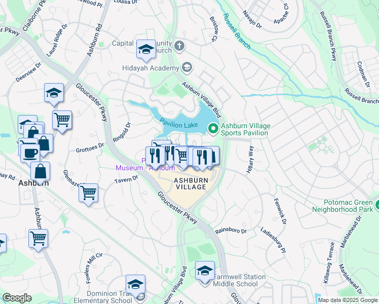 map of restaurants, bars, coffee shops, grocery stores, and more near 44118 Natalie Terrace in Ashburn