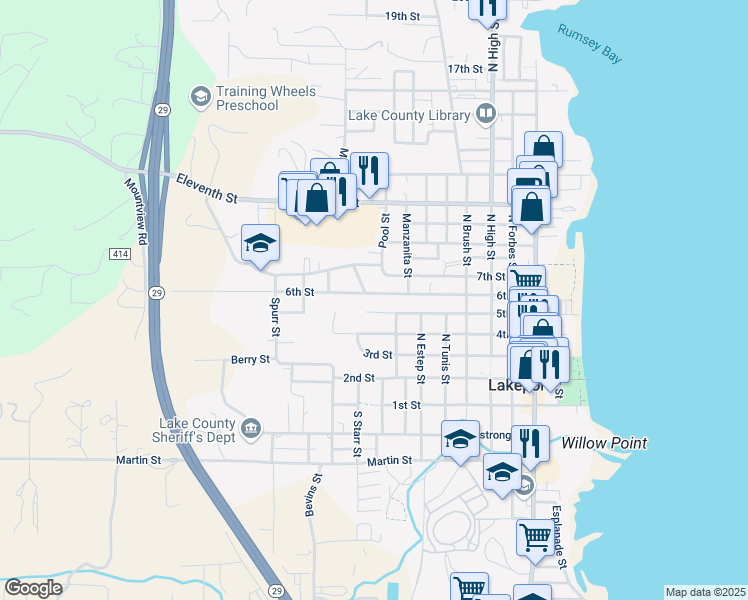 map of restaurants, bars, coffee shops, grocery stores, and more near 785 6th Street in Lakeport