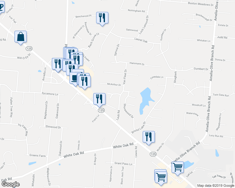 map of restaurants, bars, coffee shops, grocery stores, and more near 8 McArthur Drive in Amelia