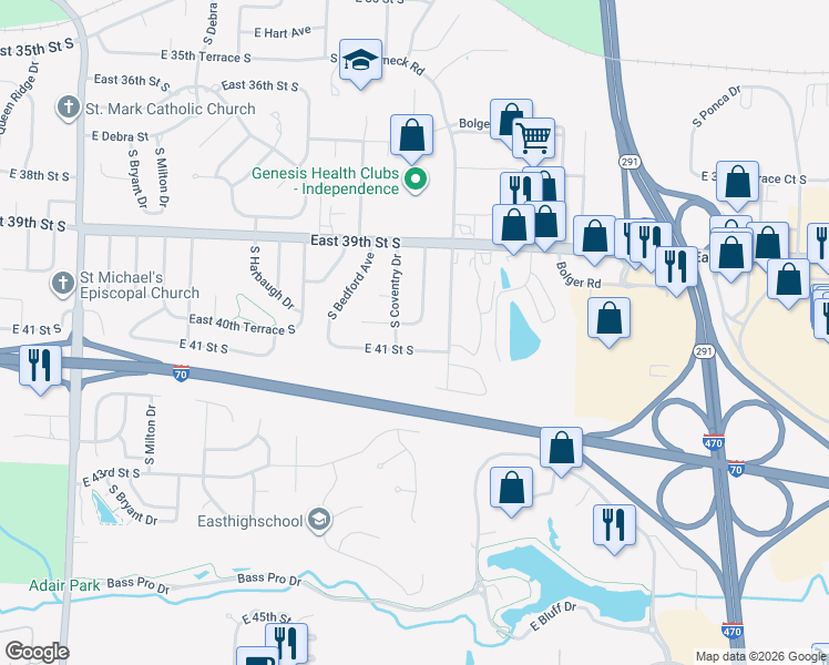 map of restaurants, bars, coffee shops, grocery stores, and more near 4005 South Maybrook Avenue in Independence