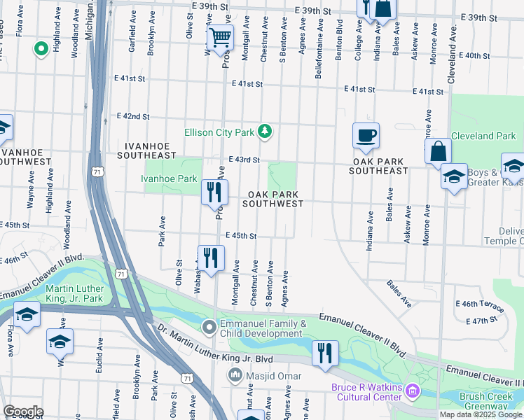 map of restaurants, bars, coffee shops, grocery stores, and more near 4400 South Benton Avenue in Kansas City