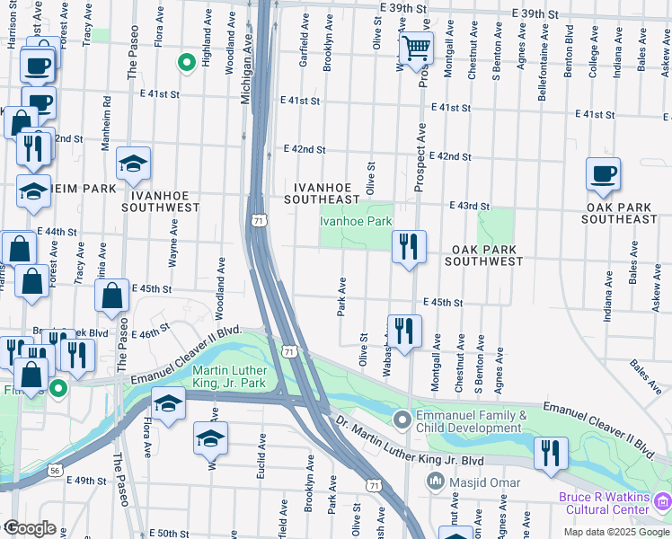 map of restaurants, bars, coffee shops, grocery stores, and more near 4401 Brooklyn Avenue in Kansas City