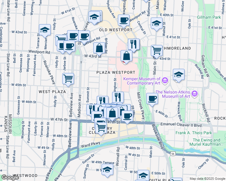 map of restaurants, bars, coffee shops, grocery stores, and more near 4435 Pennsylvania Avenue in Kansas City