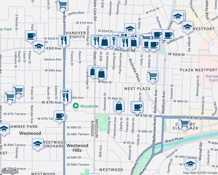 map of restaurants, bars, coffee shops, grocery stores, and more near 4442 Wyoming Street in Kansas City