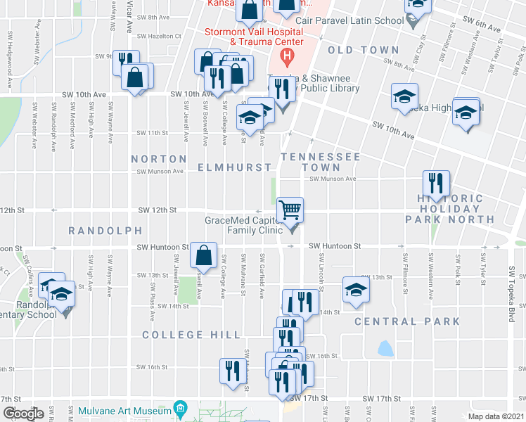 map of restaurants, bars, coffee shops, grocery stores, and more near SW 12th St & SW Garfield Ave in Topeka