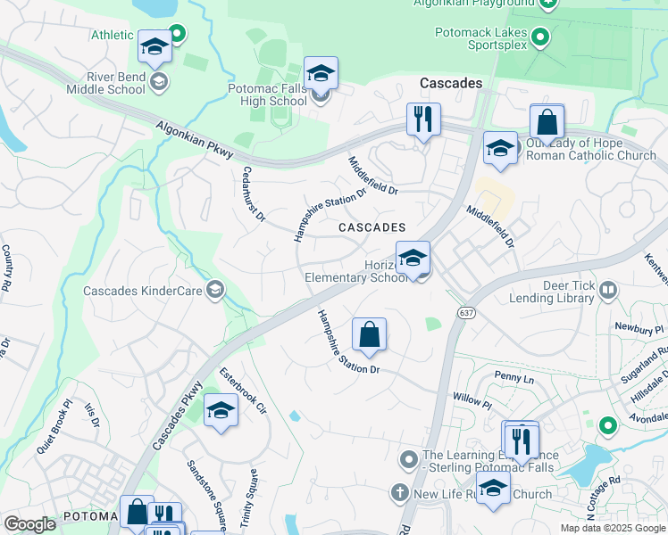 map of restaurants, bars, coffee shops, grocery stores, and more near 46509 Hollymead Place in Sterling