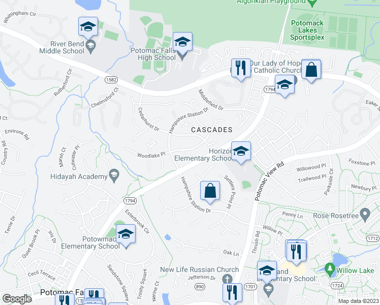 map of restaurants, bars, coffee shops, grocery stores, and more near 46509 Hollymead Place in Sterling