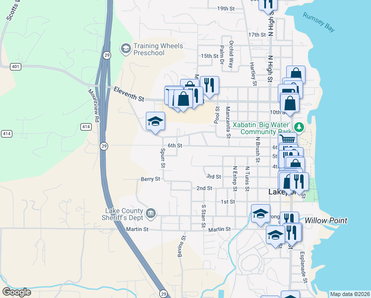 map of restaurants, bars, coffee shops, grocery stores, and more near 977 6th Street in Lakeport