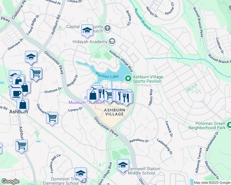 map of restaurants, bars, coffee shops, grocery stores, and more near 20585 Snowshoe Square in Ashburn