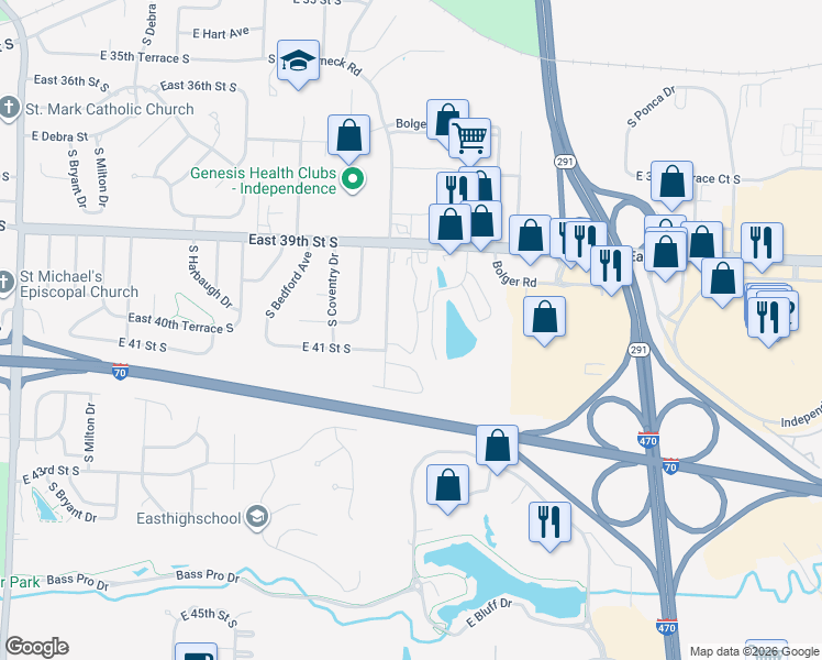 map of restaurants, bars, coffee shops, grocery stores, and more near 3939 South Crackerneck Road in Independence