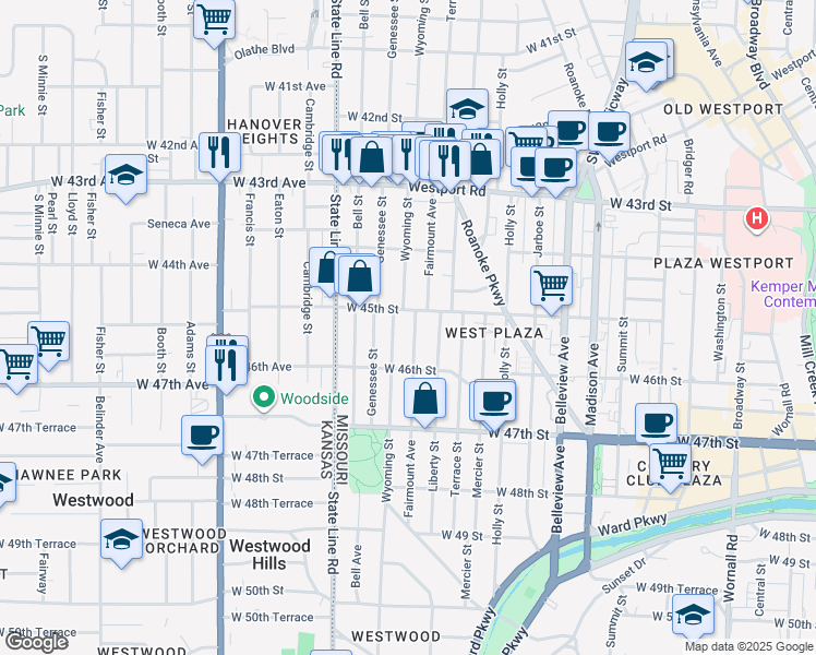 map of restaurants, bars, coffee shops, grocery stores, and more near 4442 Wyoming Street in Kansas City