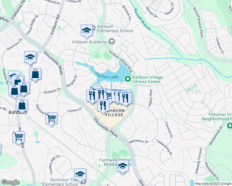map of restaurants, bars, coffee shops, grocery stores, and more near 20585 Snowshoe Square in Ashburn