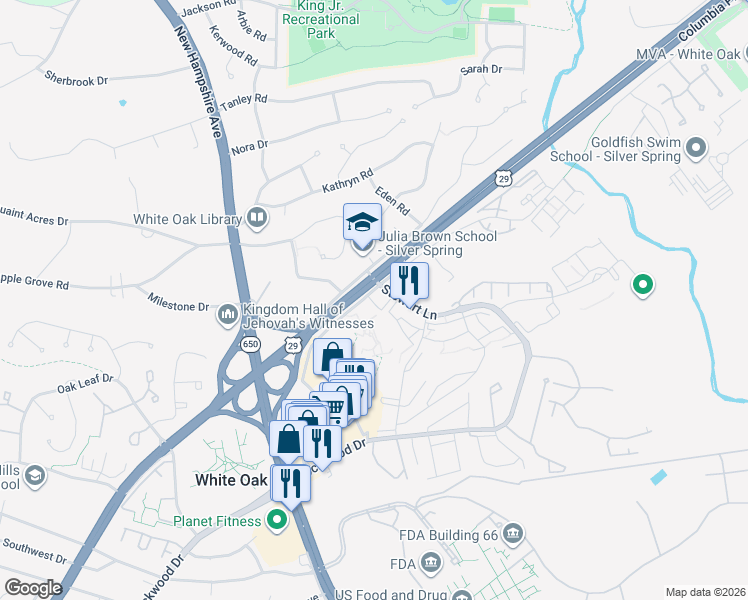 map of restaurants, bars, coffee shops, grocery stores, and more near 11497 Columbia Pike in Silver Spring