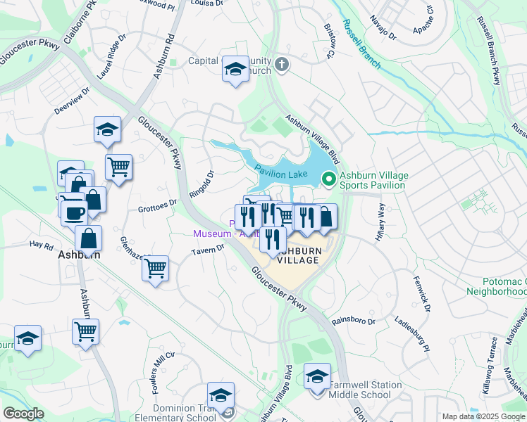 map of restaurants, bars, coffee shops, grocery stores, and more near 44098 Natalie Terrace in Ashburn