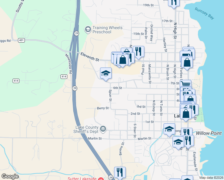 map of restaurants, bars, coffee shops, grocery stores, and more near 1206 6th Street in Lakeport