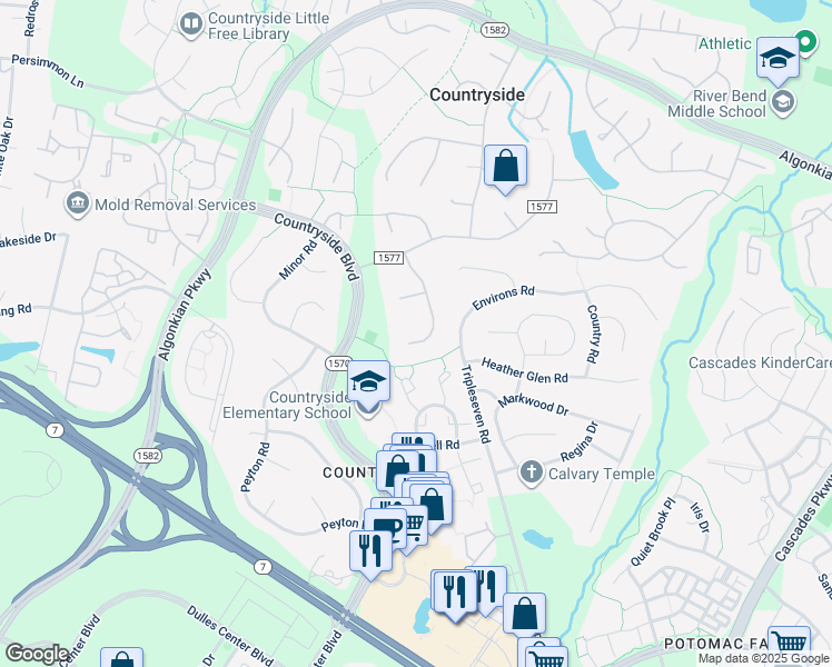 map of restaurants, bars, coffee shops, grocery stores, and more near 20 Halifax Court in Sterling