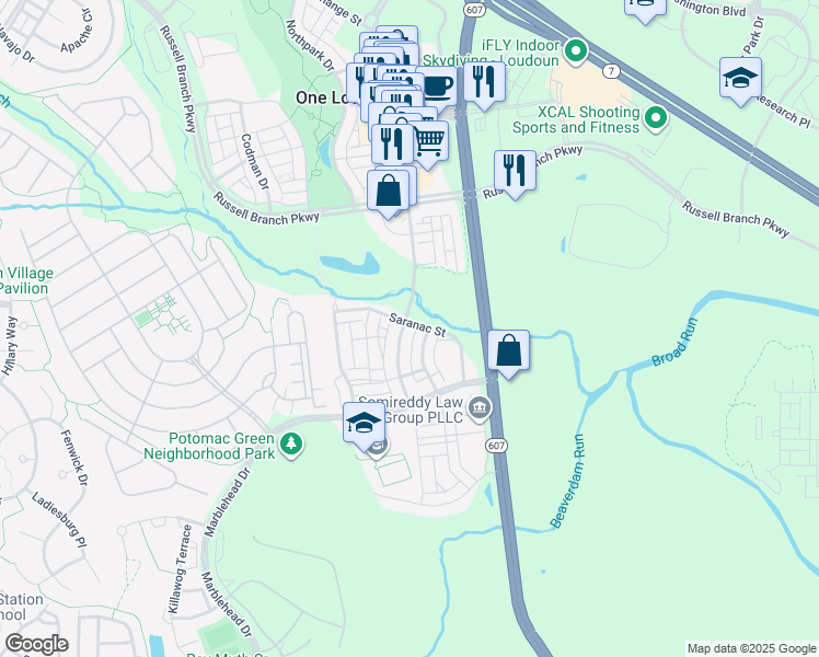 map of restaurants, bars, coffee shops, grocery stores, and more near 20600 Exchange Street in Ashburn