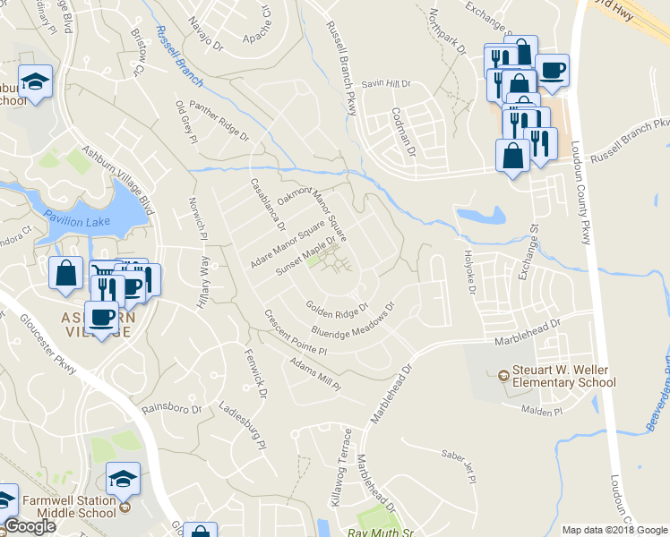 map of restaurants, bars, coffee shops, grocery stores, and more near 44499 Oakmont Manor Square in Ashburn