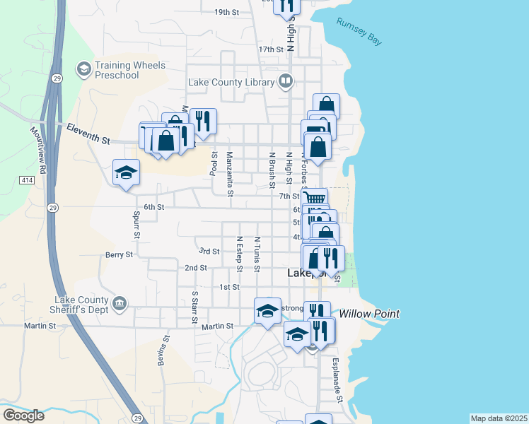 map of restaurants, bars, coffee shops, grocery stores, and more near 425 6th Street in Lakeport
