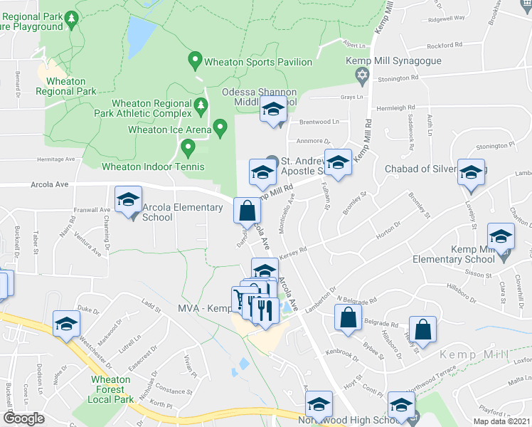 map of restaurants, bars, coffee shops, grocery stores, and more near 11609 Kemp Mill Rd in Silver Spring