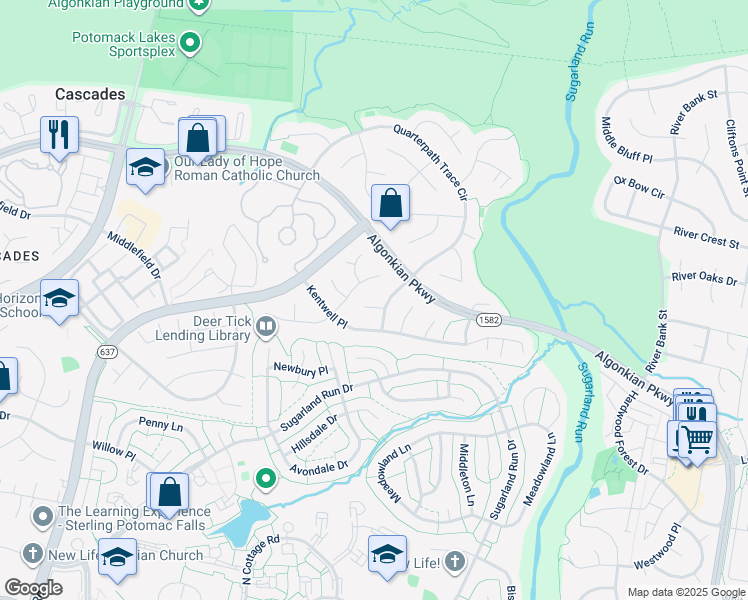 map of restaurants, bars, coffee shops, grocery stores, and more near 47036 Bennington Court in Sterling