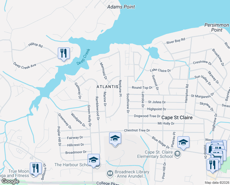 map of restaurants, bars, coffee shops, grocery stores, and more near 1131 Mermaid Drive in Annapolis