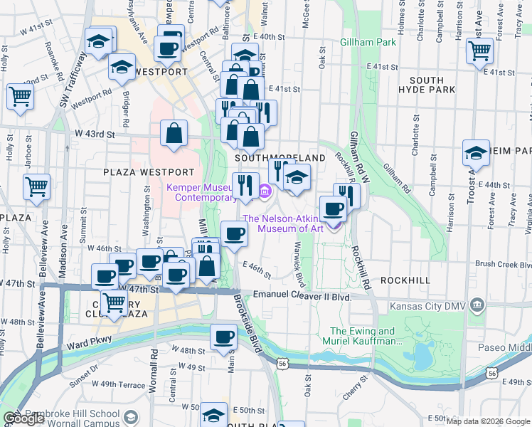 map of restaurants, bars, coffee shops, grocery stores, and more near E 45th St & Walnut St in Kansas City