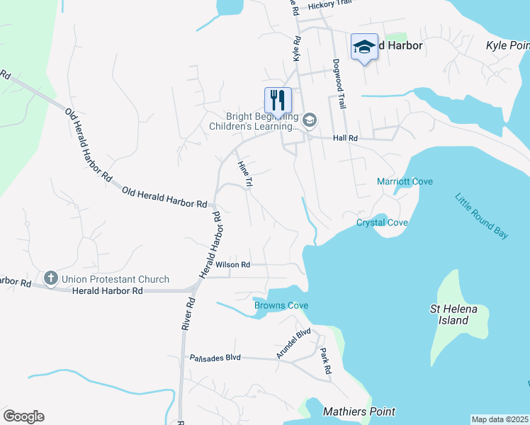 map of restaurants, bars, coffee shops, grocery stores, and more near 938 Diggs Road in Crownsville