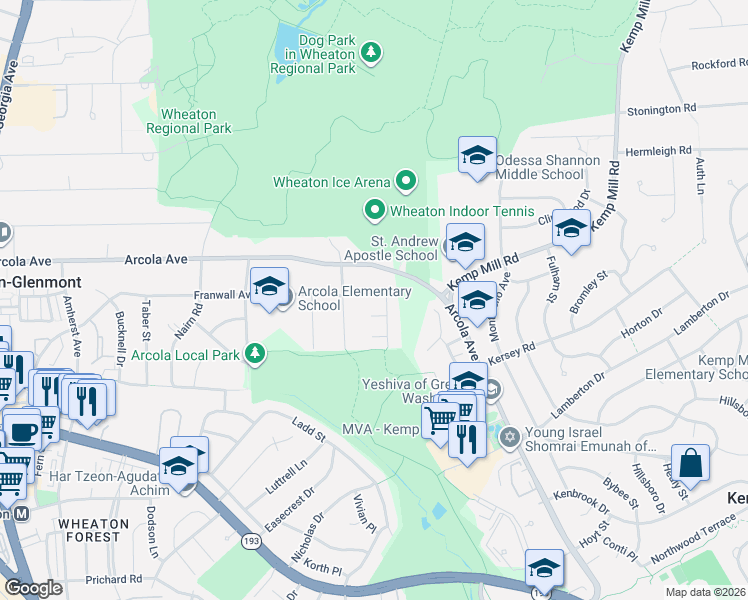 map of restaurants, bars, coffee shops, grocery stores, and more near 1702 Franwall Avenue in Silver Spring