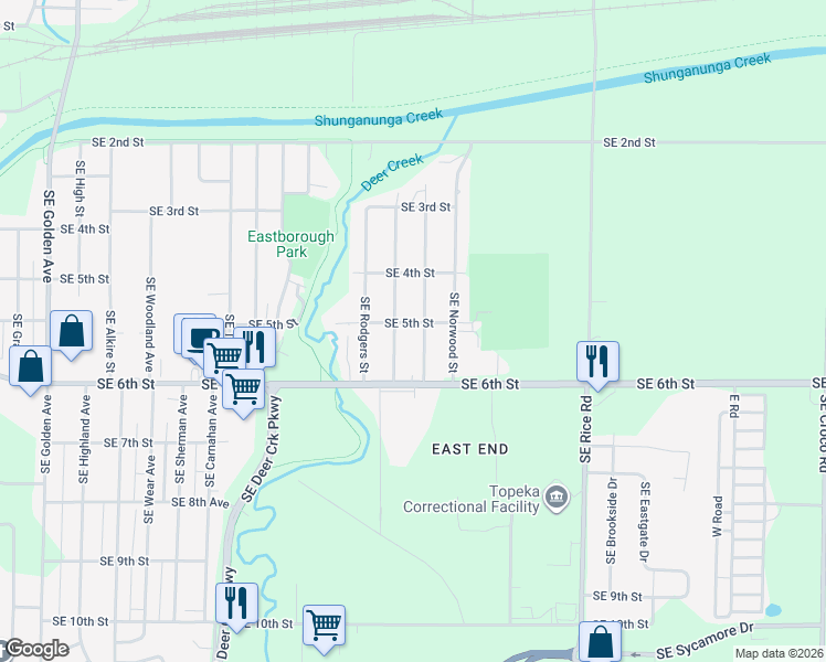 map of restaurants, bars, coffee shops, grocery stores, and more near 435-439 Southeast Fairfax Street in Topeka