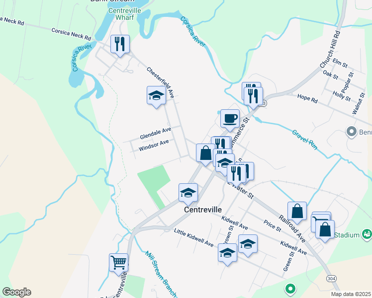map of restaurants, bars, coffee shops, grocery stores, and more near 105 Chesterfield Avenue in Centreville