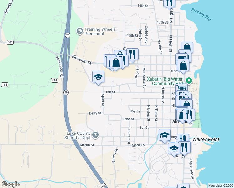 map of restaurants, bars, coffee shops, grocery stores, and more near 977 6th Street in Lakeport