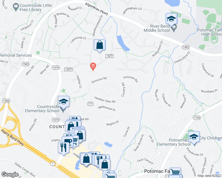 map of restaurants, bars, coffee shops, grocery stores, and more near 304 Autumn Leaf Court in Sterling
