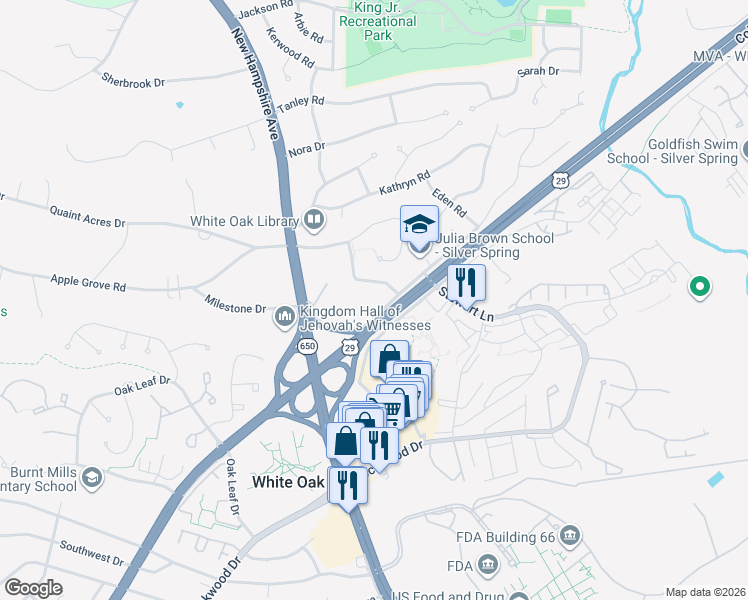 map of restaurants, bars, coffee shops, grocery stores, and more near 1090 Milestone Drive in Silver Spring