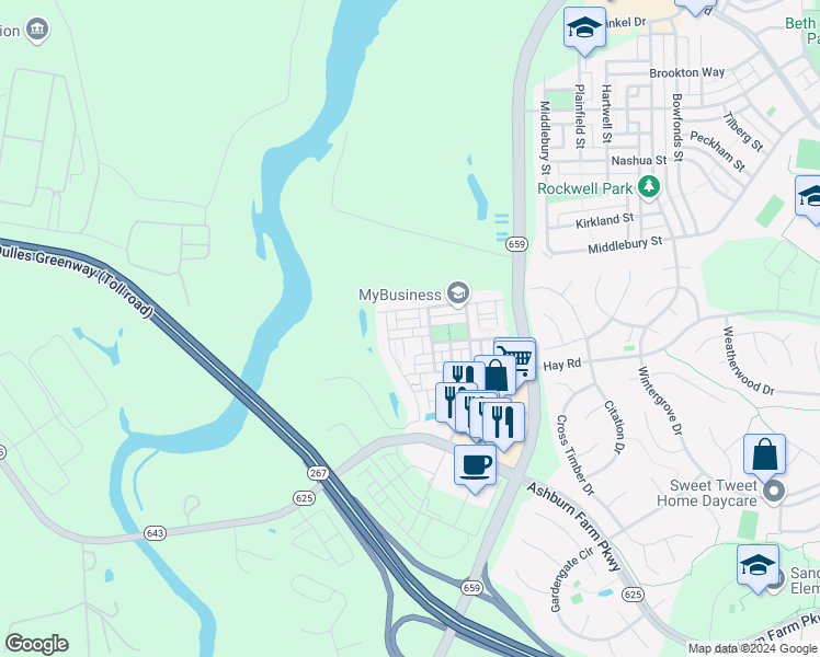 map of restaurants, bars, coffee shops, grocery stores, and more near 42710 Telford Terrace in Ashburn