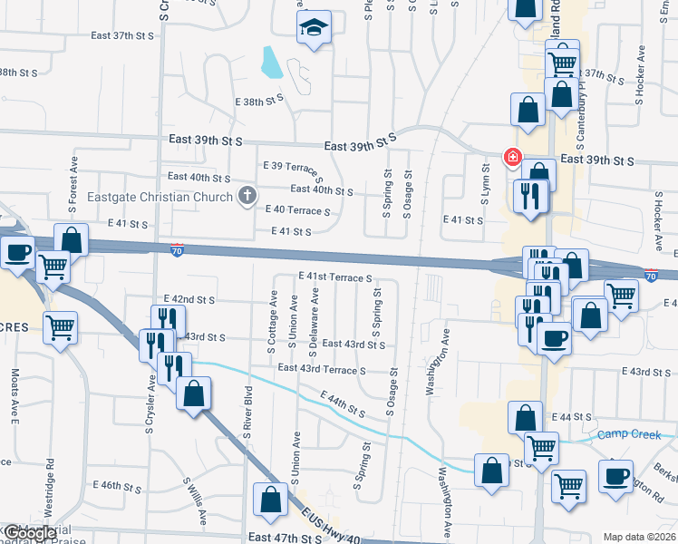 map of restaurants, bars, coffee shops, grocery stores, and more near 13200 East 41st Terrace South in Independence