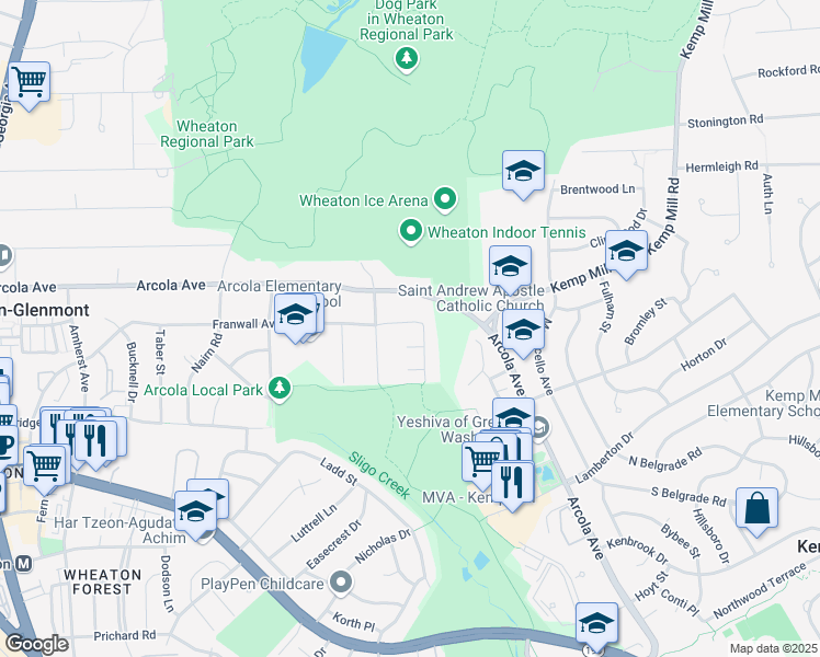 map of restaurants, bars, coffee shops, grocery stores, and more near 1702 Franwall Avenue in Silver Spring