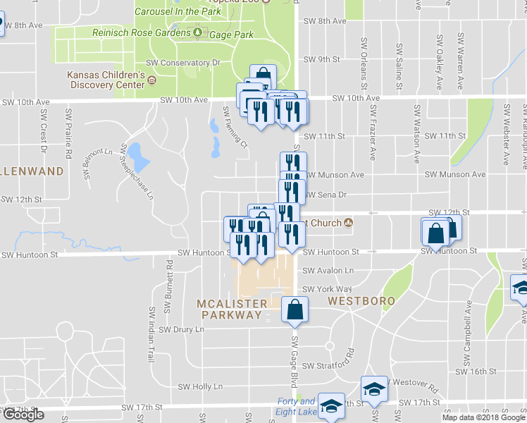 map of restaurants, bars, coffee shops, grocery stores, and more near 1188 Southwest Seabrook Avenue in Topeka